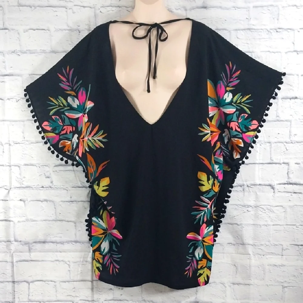 🔵BOGO FREE🔵 Floral Black Kaftan Swim Suit Cover-Up w Pom Poms Sz XL - Picture 1 of 5